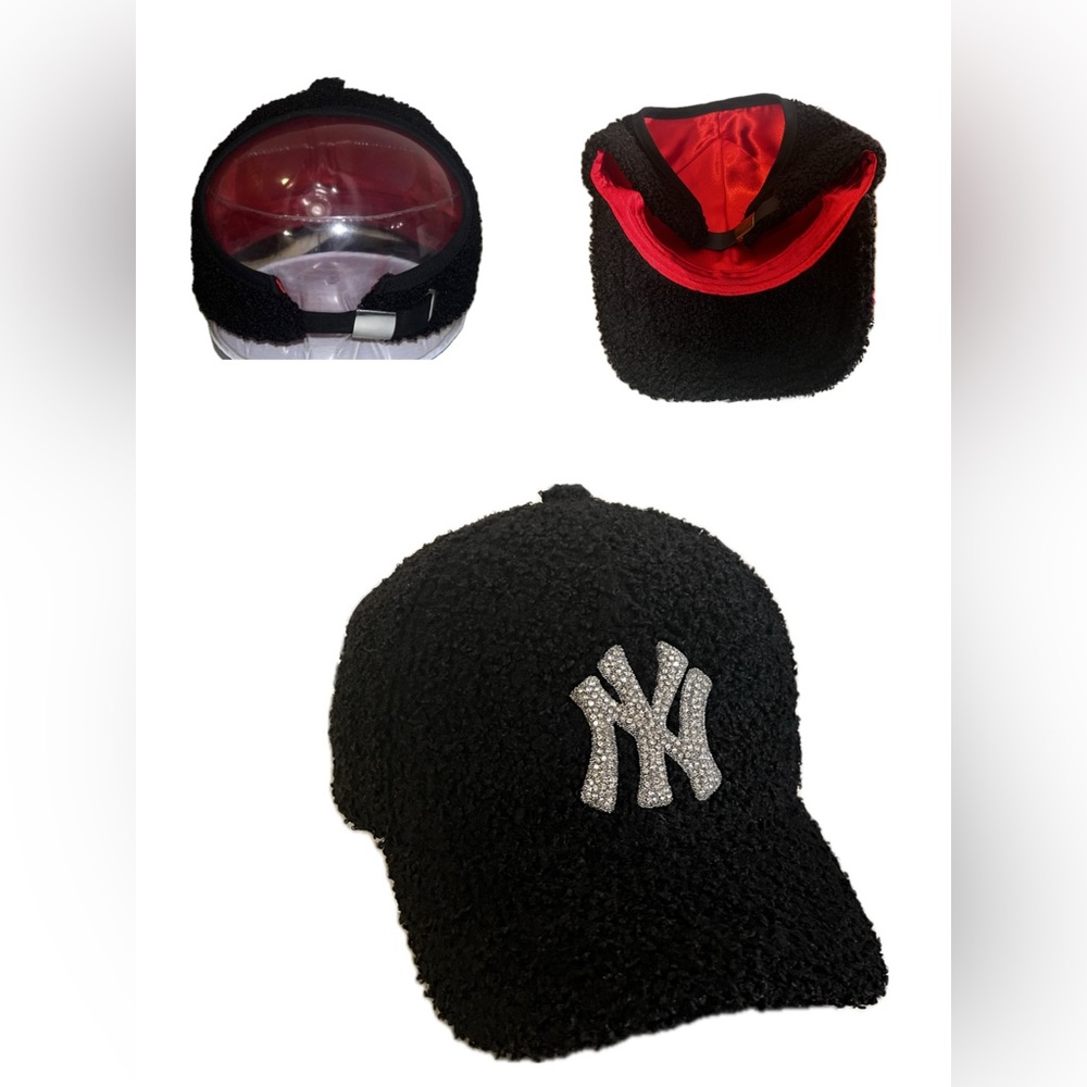 NEW “NY” custom Sherpa Rhinestone Logo Ponytail baseball cap w/ satin lining